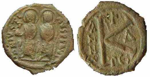 889 Byzantine Justin II Thessalonica 20 Nummi AE