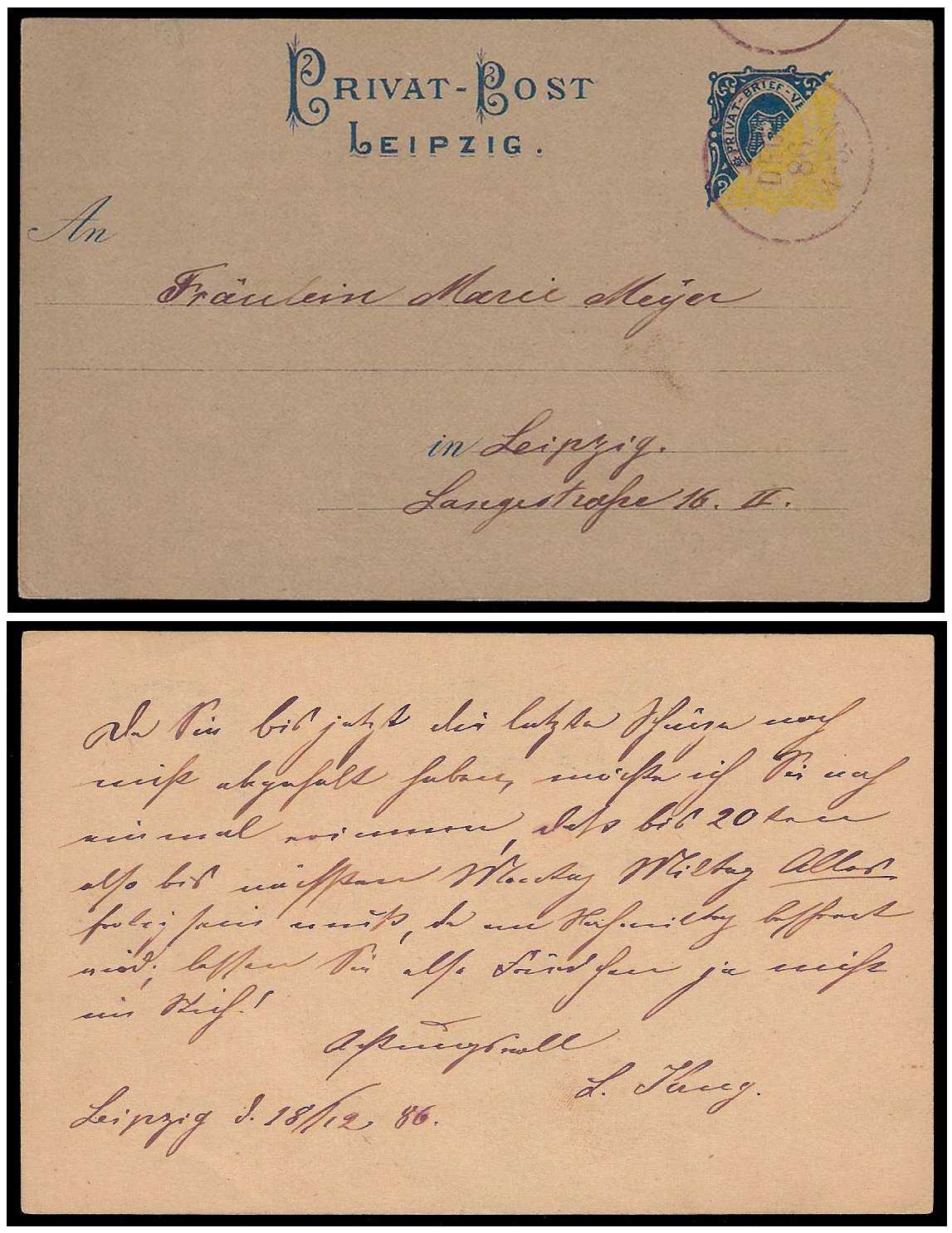 11.1886 Germany Private Mail Leipzig Mü C P1