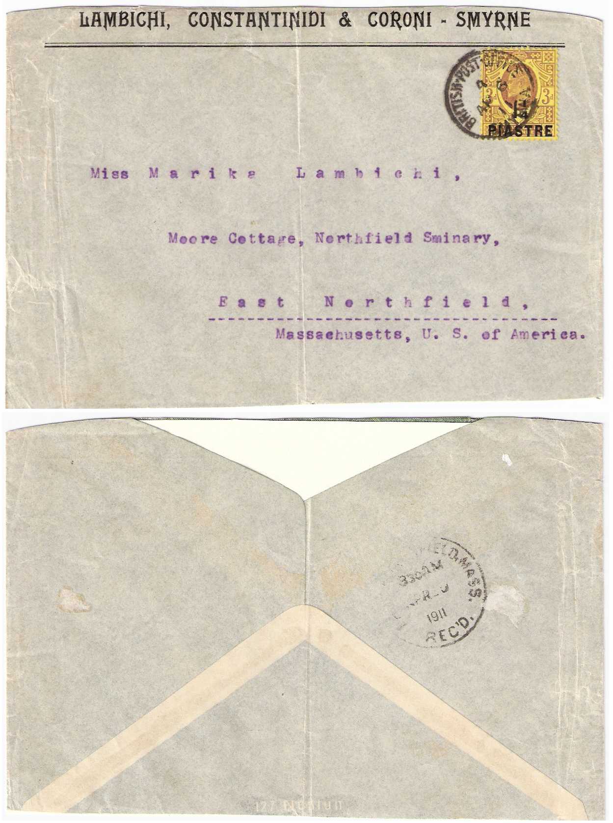 10.2.1910 British Offices in the Ottoman Empire Mi 32 Cover Smyrna to East Northfield USA