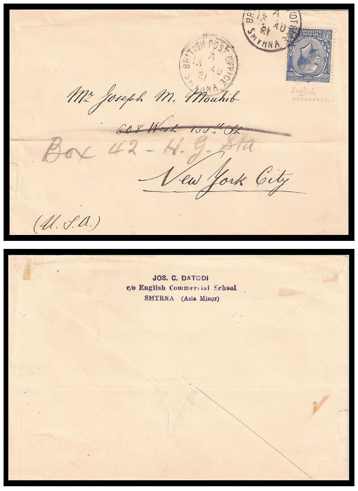 8.10.1912/1.8.1913 Great Britain Mi 127/140 Cover 13.8.1921 Smyrna