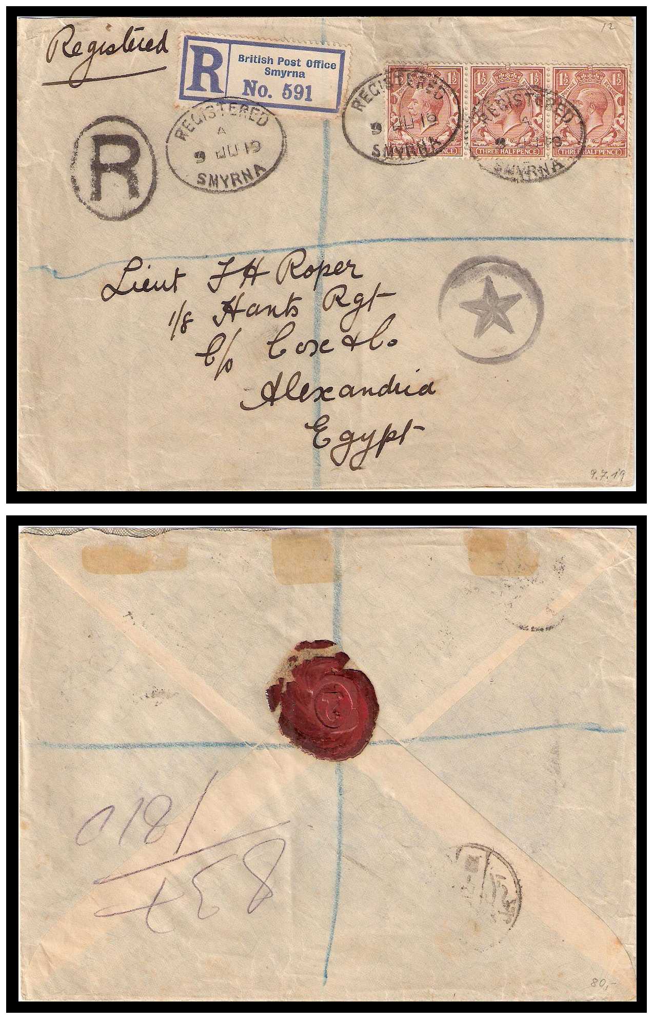 8.10.1912/1.8.1913 Great Britain Mi 127/140 Cover 9.6.1919 Smyrna
