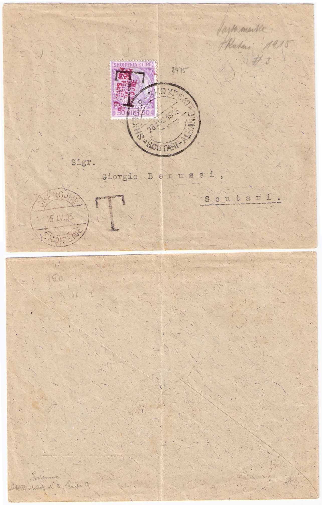 1915 03 19 Albania Local Issue Skutari Cover 25.4.1915