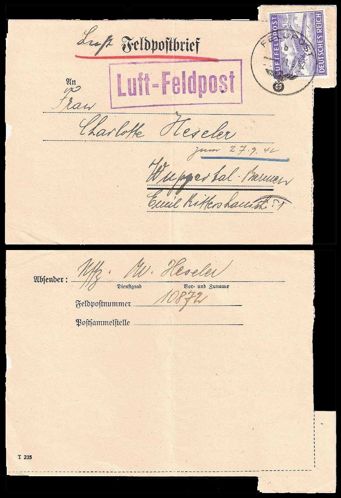 21.9.1942 Deutsches Reich Feldpost Mi 1 Cover